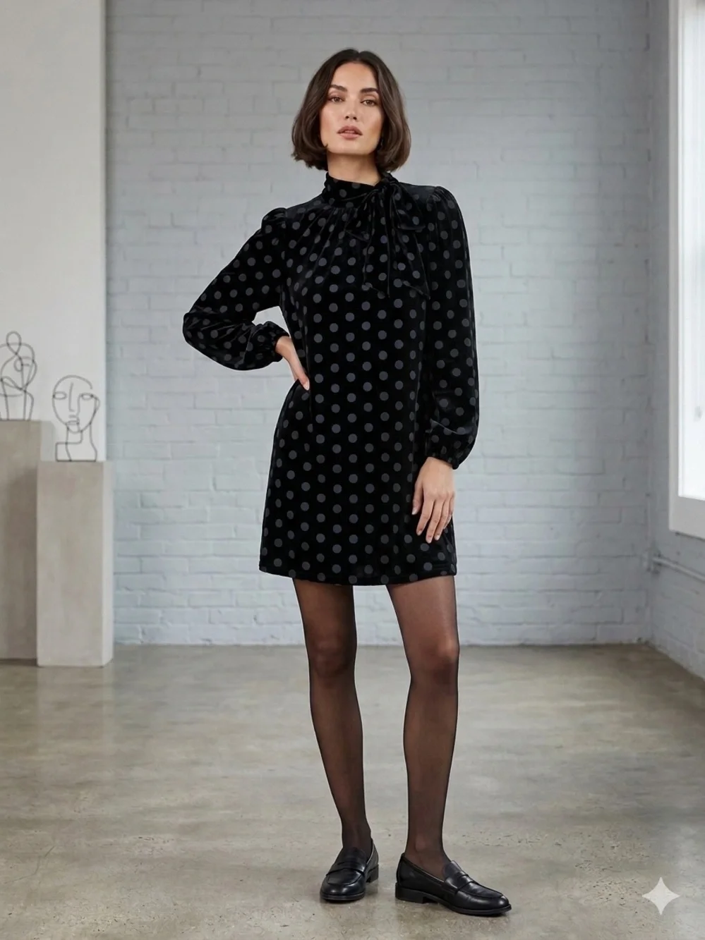 Calvin Klein Black Polka Dot Velvet Mini Dress - Picture 1 of 5